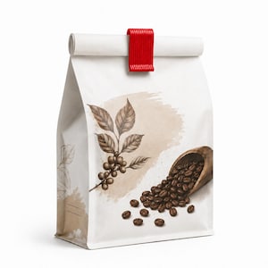 Könnte beinhalten: Eine weiße Kaffeetüte aus Papier mit einem eingerollten oberen Rand, der durch einen leuchtend roten Kunststoffclip verschlossen ist. Vorne befindet sich eine braune Aquarellillustration eines Kaffeezweigs mit Blättern und Kaffeebohnen.