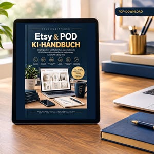 以下が含まれることがあります： Etsy & POD KI-HANDBUCHというタイトルのガイドを表示したデジタルタブレット。表紙にはドイツ語のテキスト、Etsyショップのインターフェースを表示したノートパソコン、金色のバッジが描かれています。右上隅には濃い青色のPDF-DOWNLOADボタンがあります。