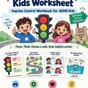 Puede incluir: Un cuaderno de trabajo imprimible de 14 páginas sobre el control de impulsos para niños con temática de semáforo. La portada muestra el texto Stop Think Go Kids Worksheet, dibujos de un niño y una niña, y cuatro vistas previas de páginas.