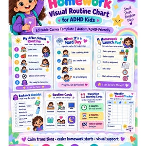 May include: An A4 printable After-School & Homework Visual Routine Chart for ADHD Kids. The template includes sections for routines, a backpack checklist, routine cards, transition warning cards, and a weekly reward tracker with colorful illustrations.