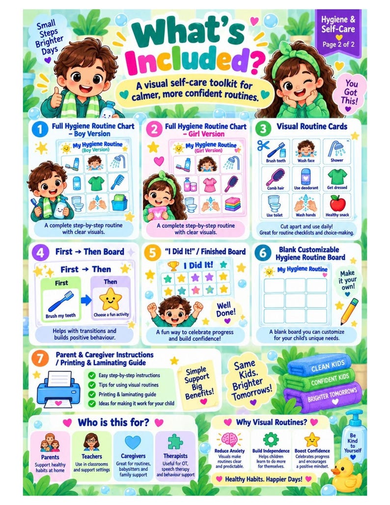 Colorful Adhd Routine Chart Hygiene Tracker & Self Care Chart for ADHD Kids, Autism Visual Schedule ...