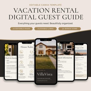 Op de afbeelding: Een bewerkbaar digitaal gastengids-sjabloon voor vakantiewoningen, met vijf smartphoneschermen die huisregels, incheckinstructies en lokale informatie tonen, inclusief de tekst "Vacation Rental Digital Guest Guide".