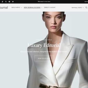 Puede incluir: Una interfaz de sitio web para New Journal con un blazer blanco de hombros estructurados y un cinturón dorado. El texto dice Luxury Editorial y New Collection. La barra de navegación incluye Mega Menu, New Journal Plugins y Direct Liaison.