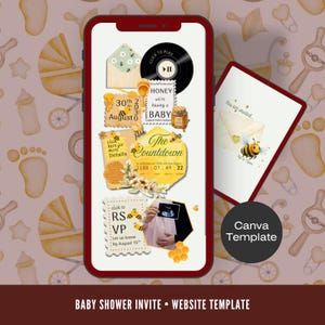 May include: A digital baby shower invitation template displayed on a smartphone screen, featuring bee and honey motifs, a countdown timer, an ultrasound image, and text including "Honey we're having a baby," "30th August," and "RSVP."
