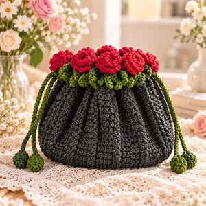 May include: A dark grey crochet drawstring pouch featuring a decorative border of vibrant red crocheted roses and green leaves along the top edge. The bag includes long green braided drawstrings finished with small green crocheted spheres.