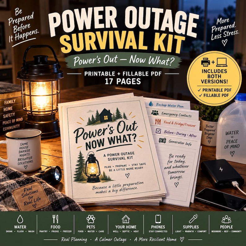 Pu&ograve; includere: Un kit di sopravvivenza per interruzioni di corrente in formato PDF stampabile e compilabile di 17 pagine. La copertina mostra un'illustrazione di una casa e una lanterna con il testo Power's Out Now What? Include sezioni per acqua, cibo e contatti.