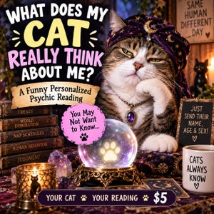 Può includere: Un gatto tigrato che indossa un turbante viola con motivi di lune e stelle dorate, una collana con pietra preziosa viola e una sfera di cristallo con impronta di zampa. Testo: WHAT DOES MY CAT REALLY THINK ABOUT ME? A Funny Personalized Psychic Reading. Include libri, una candela e una tazza con il testo: CATS ALWAYS KNOW.