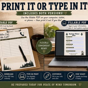 Pu&ograve; includere: Un set di 17 pagine di pianificazione digitale per la preparazione, con formati PDF stampabili e compilabili. Include modelli per contatti di emergenza e piani idrici con grafiche a tema boschivo su appunti e schermo di un laptop.