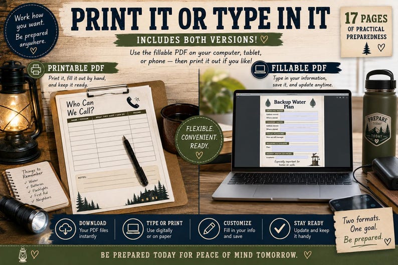 Pu&ograve; includere: Un set di 17 pagine di pianificazione digitale per la preparazione, con formati PDF stampabili e compilabili. Include modelli per contatti di emergenza e piani idrici con grafiche a tema boschivo su appunti e schermo di un laptop.