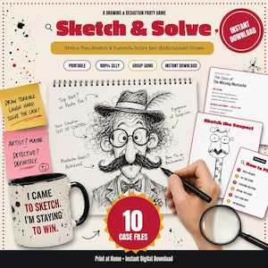 Può includere: Un set di gioco di disegno e deduzione Sketch & Solve che include un blocco note a spirale con una caricatura, una tazza bianca con testo nero I CAME TO SKETCH. I'M STAYING TO WIN., carte da gioco, una lente d'ingrandimento e post-it.