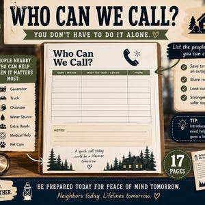 Pu&ograve; includere: Un pianificatore di contatti di emergenza stampato intitolato Who Can We Call? con colonne per nome, risorse e numeri di telefono. Il documento presenta un'illustrazione di una baita nel bosco, un'icona del telefono e una sezione per le note.