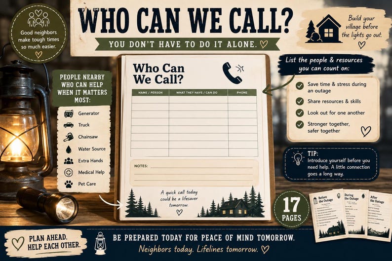 Pu&ograve; includere: Un pianificatore di contatti di emergenza stampato intitolato Who Can We Call? con colonne per nome, risorse e numeri di telefono. Il documento presenta un'illustrazione di una baita nel bosco, un'icona del telefono e una sezione per le note.