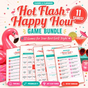 Può includere: Un set di giochi intitolato Hot Flash Happy Hour che include 11 giochi. L'immagine mostra cinque fogli di gioco bianchi con testo e bordi rossi, un fenicottero gonfiabile rosa, un cocktail con una fetta di lime e ombrellino, e occhiali da sole rossi.