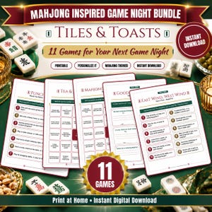 Può includere: Un set di giochi per serate a tema Mahjong intitolato Tiles & Toasts che include 11 giochi stampabili. La collezione comprende fogli di gioco bianchi con testo rosso e griglie, circondati da tessere del Mahjong e bicchieri con bordo dorato.