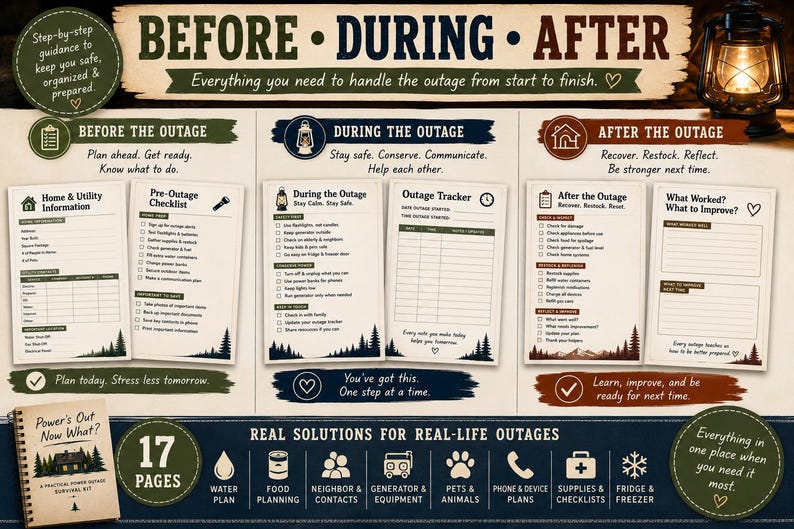 Pu&ograve; includere: Un kit di sopravvivenza per interruzioni di corrente di 17 pagine intitolato Power's Out Now What? con sezioni per Prima, Durante e Dopo un'interruzione. Include liste di controllo, informazioni sulle utenze, un tracker e pagine di pianificazione.