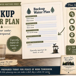 Pu&ograve; includere: Un documento stampabile di piano di riserva idrica con sezioni per lo stoccaggio di acqua potabile, per cucinare, per lo scarico del WC e per l'igiene. Include una tanica di plastica, un bicchiere d'acqua e un libretto Power's Out Now What?