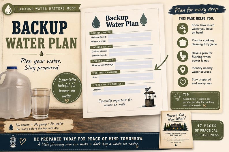 Pu&ograve; includere: Un documento stampabile di piano di riserva idrica con sezioni per lo stoccaggio di acqua potabile, per cucinare, per lo scarico del WC e per l'igiene. Include una tanica di plastica, un bicchiere d'acqua e un libretto Power's Out Now What?