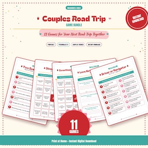 Può includere: Un pacchetto di giochi digitali intitolato Couples Road Trip che include 11 fogli di attività stampabili per i viaggi. Le pagine bianche presentano testo e bordi rossi, con titoli di giochi come Two Scenarios e Sweetheart Bingo.