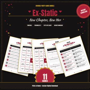 Può includere: Un pacchetto di giochi per feste di divorzio intitolato Ex-Static, New Chapter, New Her, con cinque fogli di gioco stampabili bianchi con testo rosso e nero. La collezione include 11 giochi come The Burn Book, con elenchi numerati e griglie.