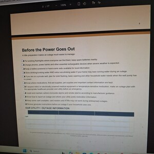 Pu&ograve; includere: Un documento digitale intitolato Before the Power Goes Out, che fornisce una lista di controllo per la preparazione alle emergenze. Include istruzioni su torce, batterie, acqua, attrezzature mediche e una tabella per i contatti.