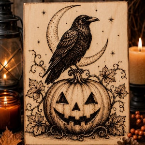 May include: A rectangular wooden plaque featuring a pyrography design of a raven perched atop a jack-o'-lantern. The scene includes a crescent moon, stars, and surrounding maple leaves. The artwork is rendered in dark brown tones on light wood.