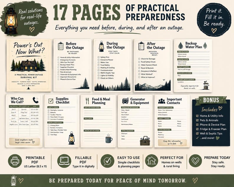 Pu&ograve; includere: Un kit di sopravvivenza stampabile di 17 pagine per interruzioni di corrente, con liste di controllo e pagine di pianificazione. I documenti includono sezioni per contatti di emergenza, forniture, pianificazione dei pasti, attrezzature e un piano idrico.