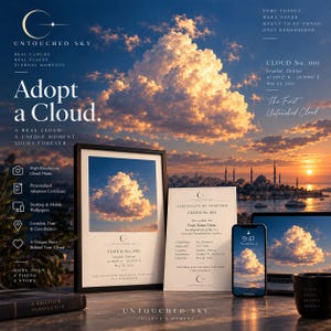 May include: A framed print of a sunset cloud over Istanbul, a matching adoption certificate, a smartphone displaying the same cloud image, and a black mug. The text reads Untouched Sky, Adopt a Cloud, Cloud No. 001, and Certificate of Adoption.