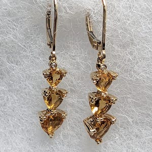 14 Karat Solid Gold, Citrine, Vintage Estate Piece, Leverback Dangling Earrings