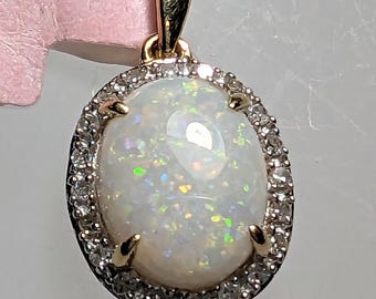 14 Karat Solid Gold, Opal and Diamonds Vintage Estate Piece Pendant