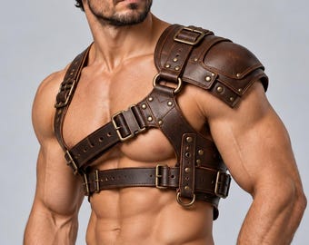 Men's Real Leather Shoulder Harness, Gothic Warrior Armor, Adjustable Chest Harness (Brown)