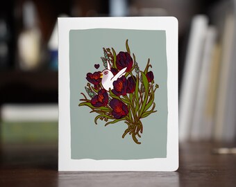 Love Bird Card – Dark Red Flowers, Winking Bird, Funny, Valentines, Handmade