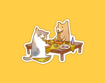 Dinner Plans Vinyl Sticker – Cozy cat and dog ramen night, Handmade
