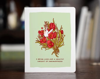 Love Note Card – Red Flowers, Winking Bird, Funny, Handmade