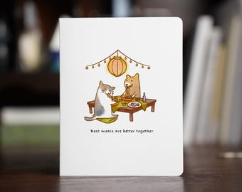 Meal Time Card – Cozy cat and dog ramen night, Handmade