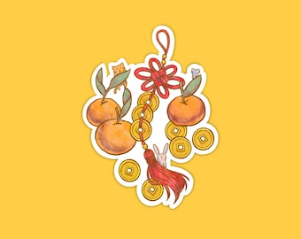 Lunar New Year Vinyl Sticker – Lucky Knot, Mandarins, Gold Coins, Handmade