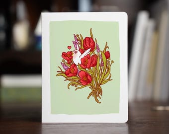 Love Bird Card – Red Flowers, Winking Bird, Funny, Valentines, Handmade