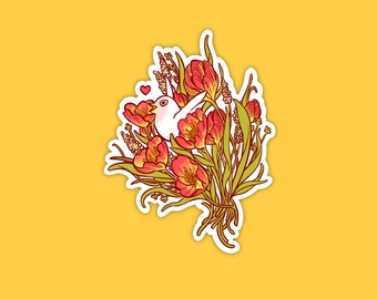 Valentines Love Bird Vinyl Sticker – Red Flowers, Winking Bird, Funny, Handmade