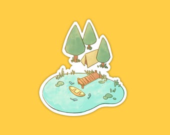 Lake Camping Vinyl Sticker – Summer Lake Illustration Handmade