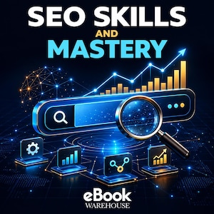 May include: A digital graphic titled SEO SKILLS AND MASTERY featuring a search bar, a magnifying glass, and rising bar charts. Below, four small icons display a gear, bar graph, network node, and upward arrow. The text EBOOK WAREHOUSE is at the bottom.