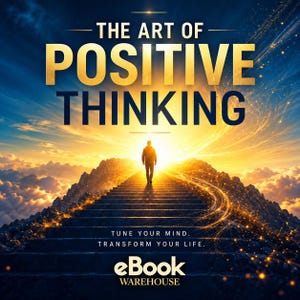 May include: A digital book cover titled THE ART OF POSITIVE THINKING featuring a person walking up stone stairs toward a bright golden light. Below the figure, the text reads TUNE YOUR MIND. TRANSFORM YOUR LIFE. and eBOOK WAREHOUSE.