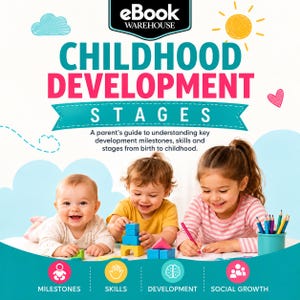 May include: A book cover titled eBook Warehouse Childhood Development Stages featuring a parent's guide to understanding key development milestones, skills and stages from birth to childhood with illustrations of a baby, toddler, and child.