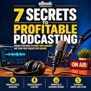 Può includere: Un grafico digitale intitolato 7 Secrets to Profitable Podcasting di eBook Warehouse. Presenta un microfono da studio nero su un braccio regolabile, cuffie nere, un computer portatile con visualizzazione d'onda e un'insegna ON AIR rossa.