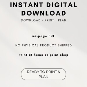 May include: A digital document graphic with black text on a light gray background. It reads JTM PRINTABLES, INSTANT DIGITAL DOWNLOAD, DOWNLOAD &middot; PRINT &middot; PLAN, 55-page PDF, NO PHYSICAL PRODUCT SHIPPED, Print at home or print shop, READY TO PRINT & PLAN.