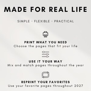 May include: A digital informational graphic with a light background and black text. It features the header JTM PRINTABLES, the title MADE FOR REAL LIFE, and the subtitle SIMPLE &middot; FLEXIBLE &middot; PRACTICAL. It includes three icons with text: PRINT WHAT YOU NEED, USE IT YOUR WAY, and REPRINT YOUR FAVORITES, ending with the button text PRINT &middot; PLAN &middot; REPEAT.