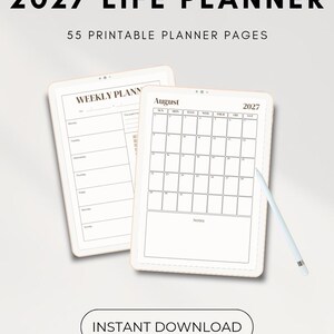 May include: A 2027 life planner with 55 printable pages, featuring a weekly planner layout and an August 2027 monthly calendar view. The digital set includes a white stylus and is labeled JTM PRINTABLES with an instant download button.