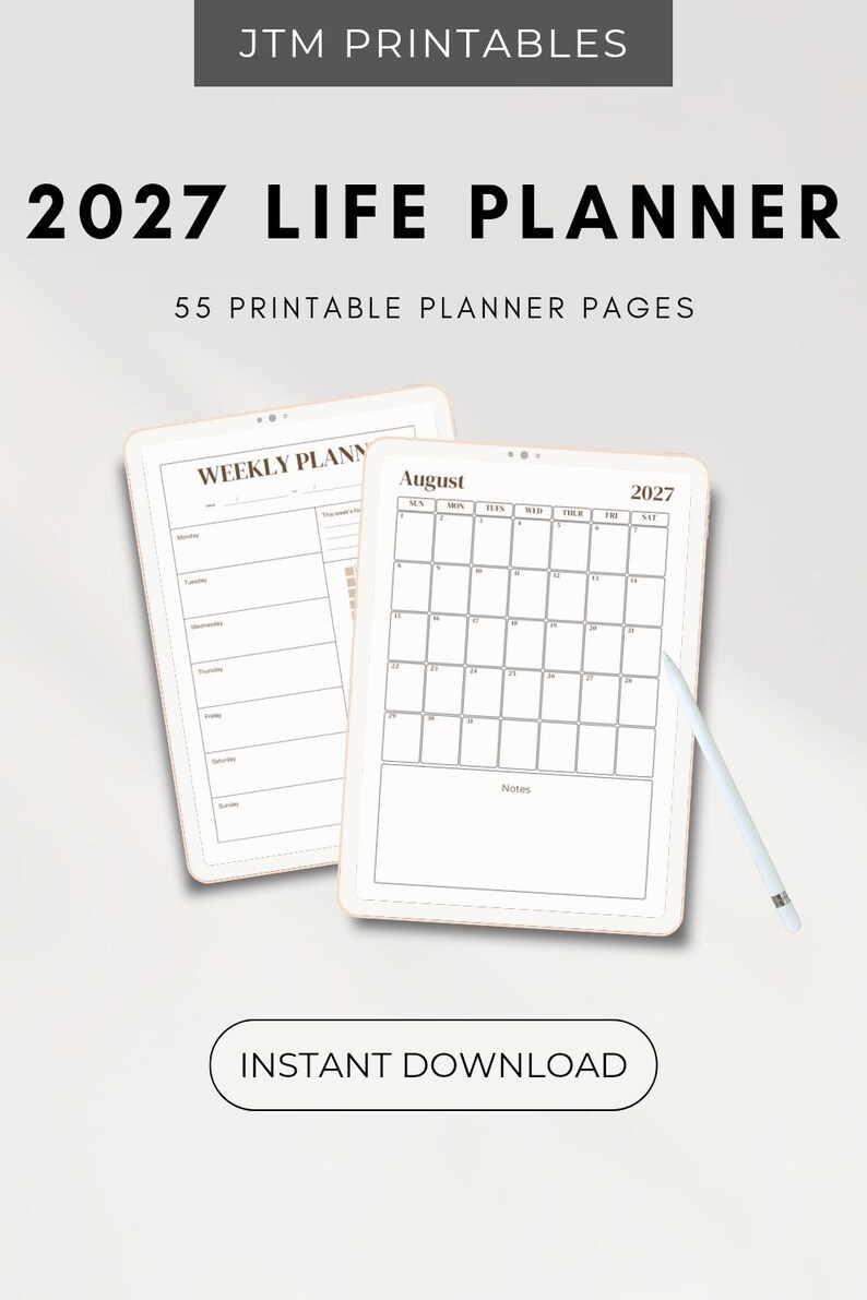 May include: A 2027 life planner with 55 printable pages, featuring a weekly planner layout and an August 2027 monthly calendar view. The digital set includes a white stylus and is labeled JTM PRINTABLES with an instant download button.