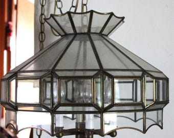 Hollywood Regency Chandelier: 1980s Art Deco Revival 6-Light Brass & Glass