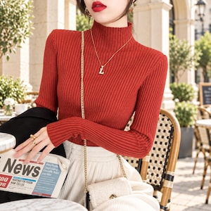 Women’s Ribbed Mock Neck Top, Long Sleeve Fitted Stretch Shirt, Elegant Layering Top, Minimalist Fall and Winter Basic