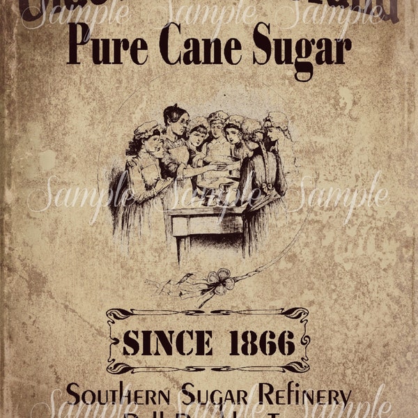 Primitive Vintage Pure Cane Sugar Jpeg Digital  Image Feedsack Logo for Pillows Pantry Labels Hang tags Magnets Ornies