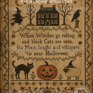 Primitive Folk Art Digital Stitchery Sampler Halloween Saltbox House Witch Cat Digital Printable JPEG Print NOT a cross stitch chart pattern